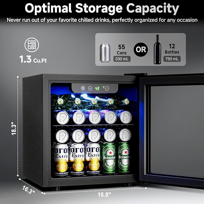 50 Cans Beverage Refrigerator Cooler, 1.3 Cu.Ft Mini Fridge with Glass Door for Soda Beer Drink Wine, Countertop Small Fridge for Bedroom Dorm Office Home Bar, Black