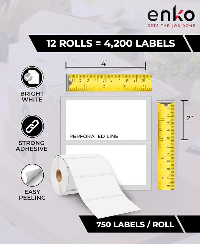 enKo 4" x 2" Labels for Zebra Desktop Printers (12 Rolls | 9,000 Labels) - Direct Thermal Address Mailing Shipping Barcode FBA Stickers FNSKU Label for Zebra and Eltron (Perforated)
