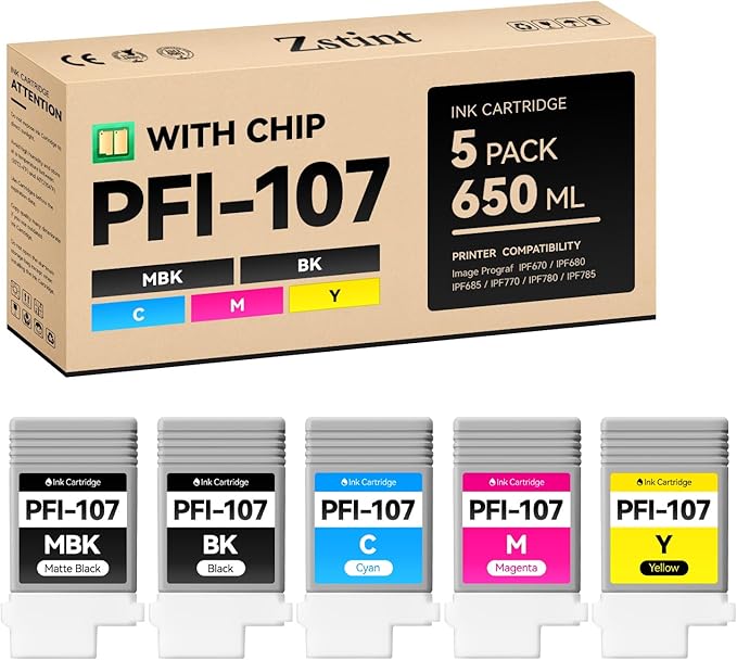 PFI-107 Ink Tank Set 5-Pack 130ml High Capacity Replacement for Canon PFI-107 PFI107 Ink Cartridges Compatible with Canon Color imagePROGRAF iPF670 iPF680 iPF685 iPF770 iPF780 iPF785 Inkjet Printer