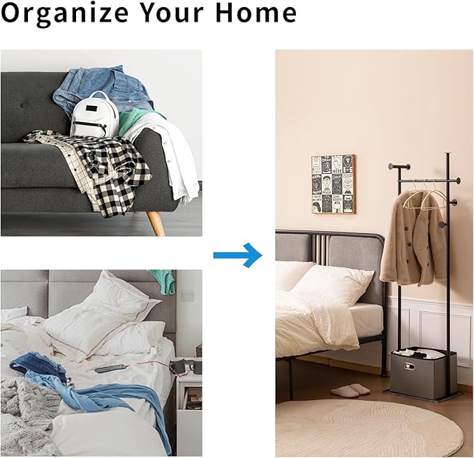 Coat Rack Freestanding with Storage Basket Heavy Duty Clothes Rack Marble Base Modern Coat Stand for Bedroom Living Room Hotel 13.39" D x 19.69" W x 68.9" H (Black)