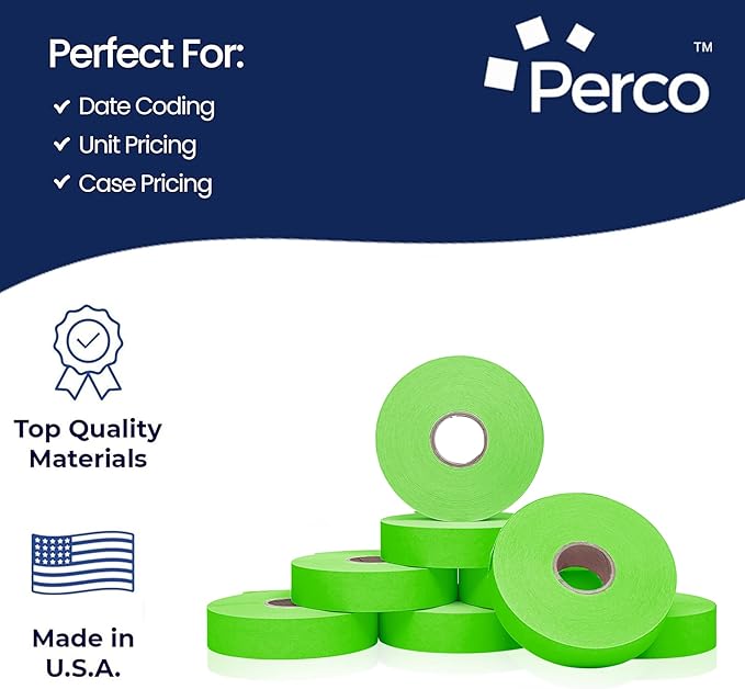Perco Fluorescent Green Pricing Labels for Monarch 1136 Price Gun - 8 Rolls, 14,000 Pricemarking Labels