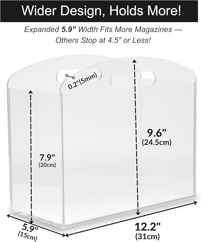 Magazine Rack - Clear Acrylic Magazine Holder, Acrylic Newspaper Stand Organizer with handles, Modern Lucite Magazine and Book Basket Box for Bathroom, Bedroom, Living Room and Office