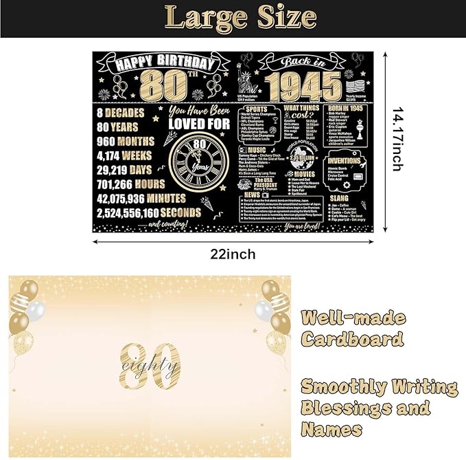 Large 80th Birthday Card With Envelope for Men Women, 1945 Black Gold Happy 80th Birthday Giant Guest Signature Book Gifts, Big Vintage 1945 80th Greeting Card Decoration Party Supplies