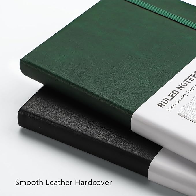 RETTACY Lined Journal Notebook, 2-Pack, 192 Numbered Pages per Pack, A5 Medium Size (5.7'' x 8.3''), for Men & Women, Writing, Work, Leather Hardcover, 100 GSM Thick Paper (Black & Black)