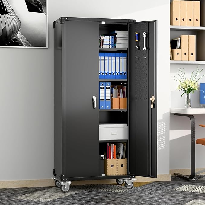Aobabo Black Metal Garage Cabinet with Pegboard,72In Lockable Storage Cabinets with 2 Doors&4 Adjustable Shelves, Steel Cabinets for Garage&Home Storage,Easy-Assembly