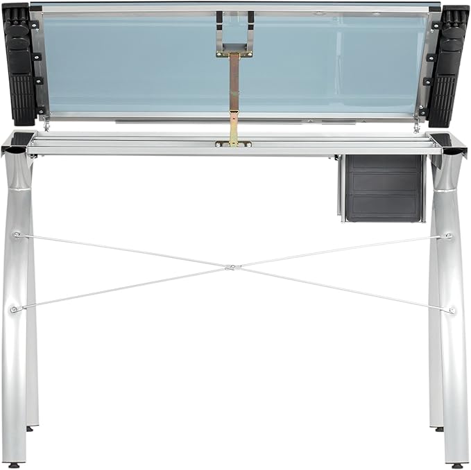 SD STUDIO DESIGNS Futura Crafting, Drafting, Drawing Adjustable Top Hobby Table Writing Studio Art Desk with Drawers, 38''W x 24''D, Tempered, Silver/Blue Glass