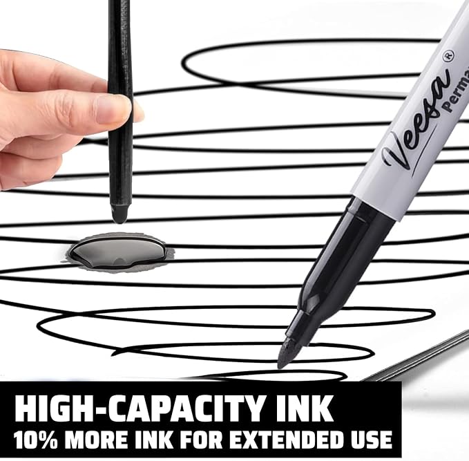 VEESA Permanent Markers - Fine Tip, 36 Pack Black Permanent Marker Pens for Office, School & Home, Waterproof, Smear-Proof, Quick-Drying