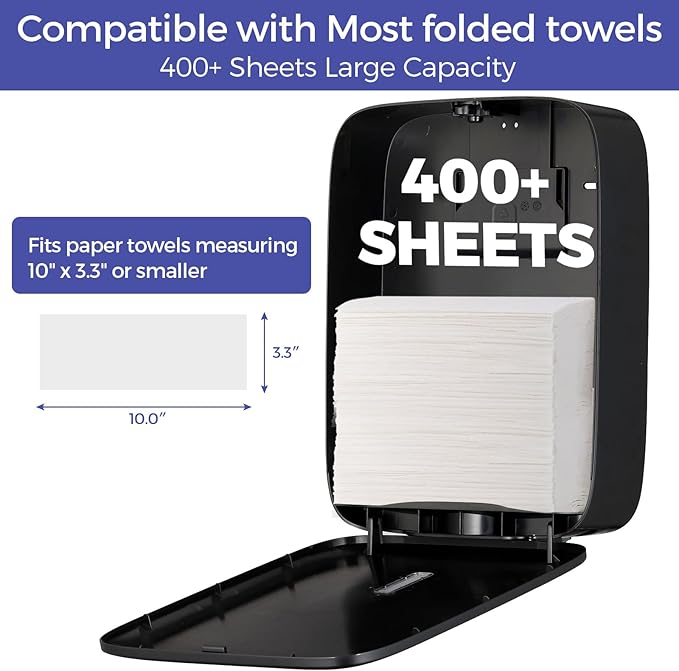 Commercial Paper Towel Dispenser Wall Mount with Lock – Fits 400+ Multifold/Trifold/Z-Fold/C-Fold Towels – Large Paper Towel Holder for Bathroom, Kitchen, Office, Home or Business (Black)