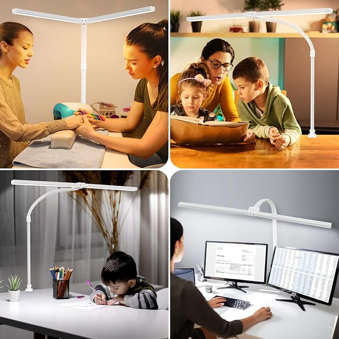 Double Head LED Desk Lamp with Anti-Glare Cover Tall Desk Lamps for Home Office 24W Brightest Computer Desk Light Office Lamp for Workbench Drafting Architect Study Reading with Clamp and Base