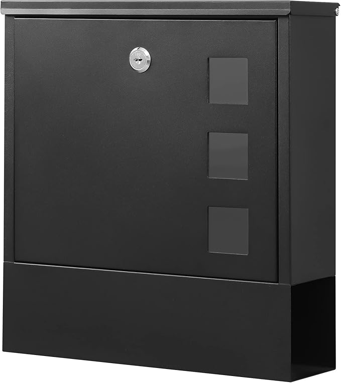 KYODOLED Locking Mailbox Wall Mount, Locked Mail Boxes, Mailbox with Key Lock for Outside, Large Capacity Drop Box for Newspapers, 13 x 3.4 x 11.8 Inch, Black