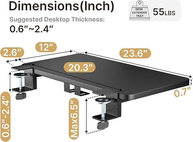 Desk Extender Tray, 24" x 12" Clamp On Desk Shelf, Desk Extension with Laptop Holder, Table Desk Arm Rest, Clamp On Keyboard Tray for Office and Home, Workstation Organizer, Medium, Black