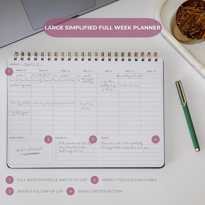 Undated Weekly Planner | 8.25” x 11.75” Work To-Do Notebook | ADHD Academic Organizer | Multi-Layout | Men and Women Planner | College Supplies | Pink | Landscape Layout