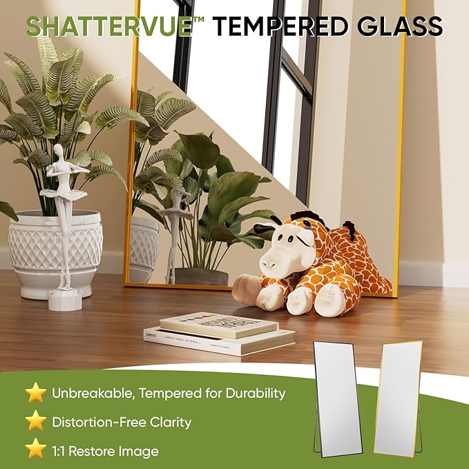 Full-Length Floor Mirror with Stand, 71"x32" Arched Style Full Body Standing Mirror for Bedroom, Living Room, Gym, Dorm - Shatter-Resistant & Easy Assembly, Gold