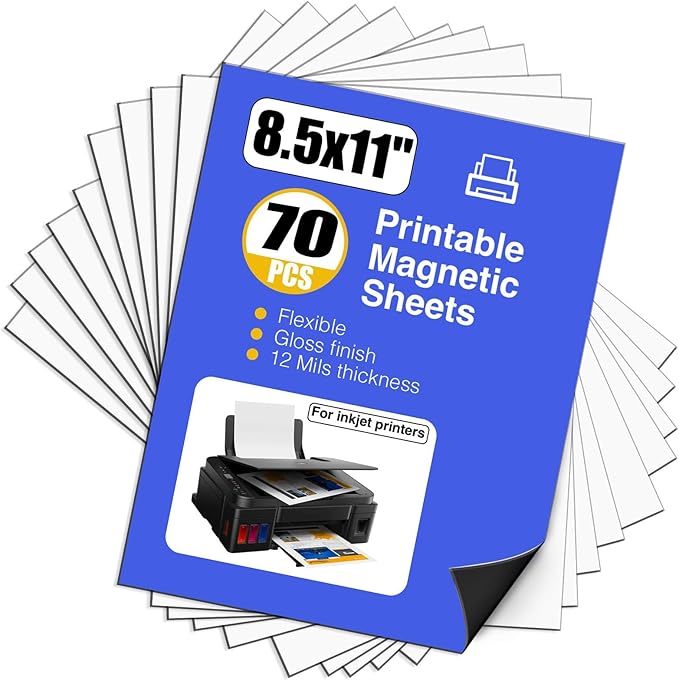 Printable Magnetic Sheet-70 Glossy White Sheets-Make fridge magnets, Personality Labels, Crafts-8.5" x 11",Suitbale For DYE Ink