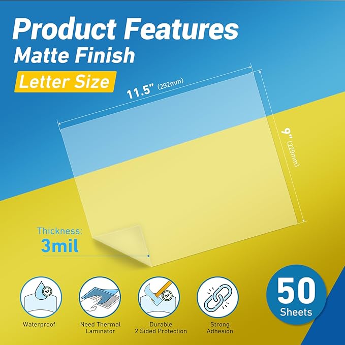 Uinkit Matte Thermal Laminating Pouches, 9 x 11.5 Inches 3 Mil Thick Clear Anti-Glare with Matte Finish 50 Pack Fitted for Letter Size Laminating Sheets 8.5 x 11