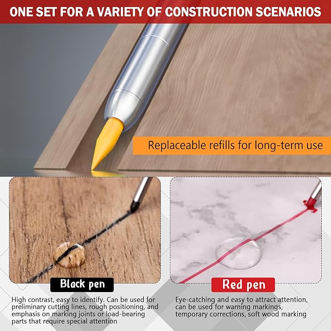 8 pack 2.8mm Mechanical Carpenter Pencils with 48 Refills, Construction Pencils with Built-in Sharpener, Long Nib Deep Hole Marker, Heavy Duty Woodworking Tools (Black+yellow)