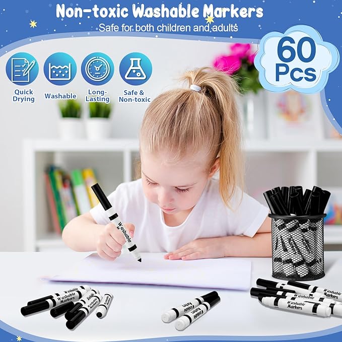Janlaugh 60 Pcs Black Washable Markers Bulk Coloring Broad Line Markers for Kids Conical Tip Black Drawing Pens for Classroom Back to School Travel Art Baby Shower Gender Reveal Supplies, Ages 6+