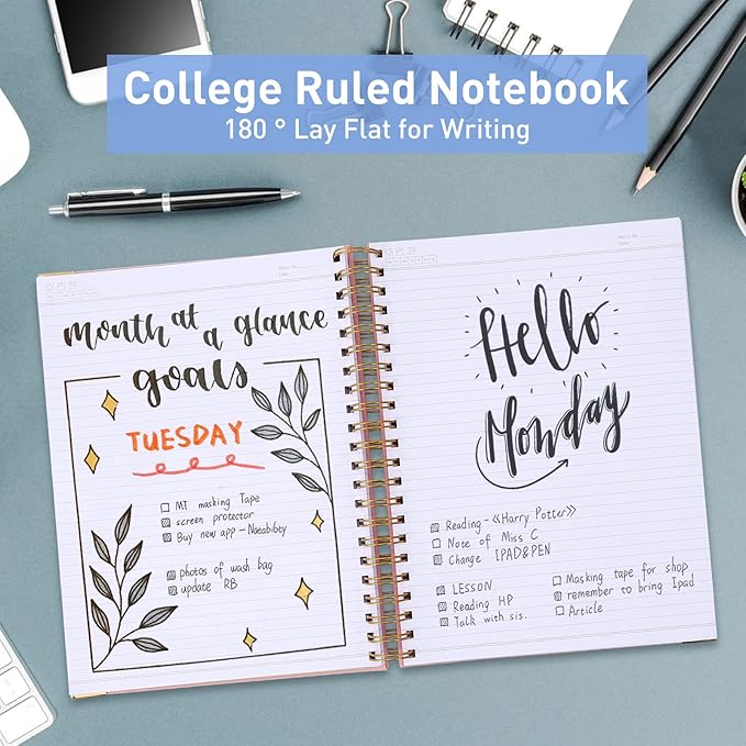 Spiral Notebook, Hardcover Leather Journal for Women Men, 300 Page Thick Notebooks College Ruled for Work, School, Note Taking, Writing Journals, Large A5 Notebook with Tabs Sticky, 5.7" x 8.5", Teal