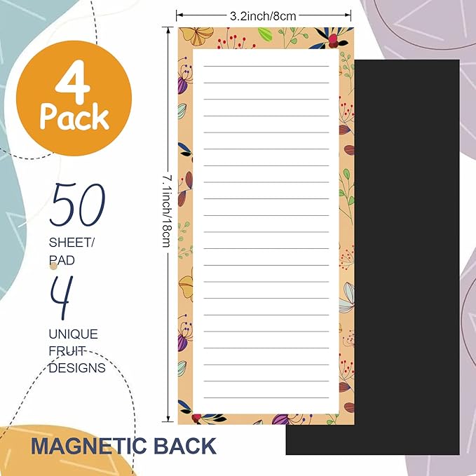 Joyberg Magnetic Notepads for Refrigerator - Flower Design, 50 Sheets Per Pad, 4 Pack Memo Pads for Grocery Lists and To-Dos