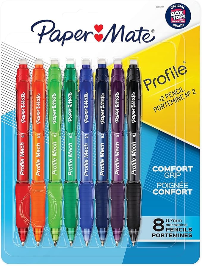 Paper Mate Profile Mech Mechanical Pencil 0.7mm, #2 Pencil Lead, Great for Office Supplies, Classroom Supplies, Drawing Pencils, Sketching Pencils, Assorted Barrel Colors, 8 Count