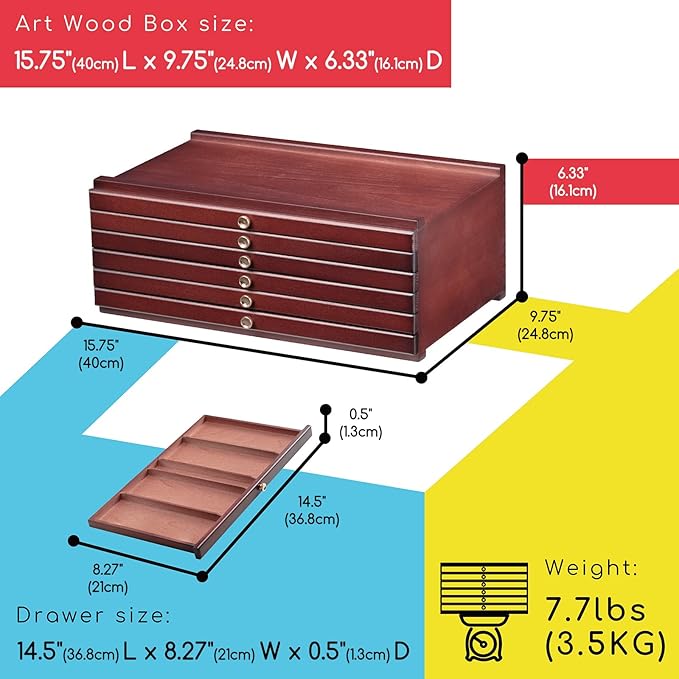 MEEDEN 6-Drawer Wood Artist Supply Storage Box, Portable Beechwood Multifunctional Pencil Brush Organizer Wood Box with Drawer&Compartments for Pastels, Pencils, Pens, Makeup Brushes(Mahogany Color)