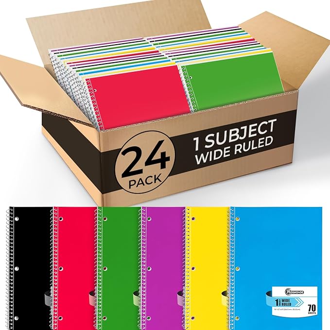 Spiral Notebooks, 24 Pack, 1 Subject Notebook, Wide Ruled, 70 Sheets, 8 x 10-1/2", 3 Hole Punched, Bulk Single Subject Spiral Notebook Bulk, School Supplies, Assorted Colors Pack of Notebooks