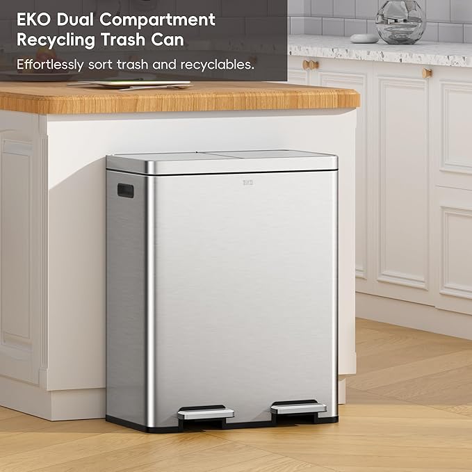 EKO Edison Dual Trash Can for Recycling and Trash, 8+8 Gallons Kitchen Garbage Can with Dual Removable Inner Liners, Independent Lids and Pedals, Matte Stainless Steel