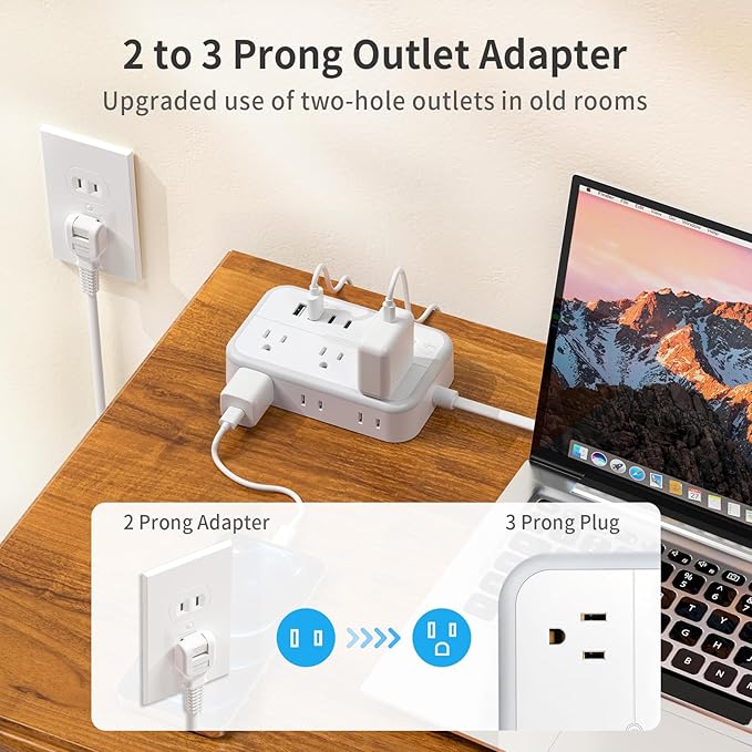 NTONPOWER 10FT Extension Cord with Surge Protector, 2 Prong to 3 Prong Adapter, 1875W Power Strip with 4 USB Ports (2 USB C), Wall Mount Flat Plug Extension Cord for Old House