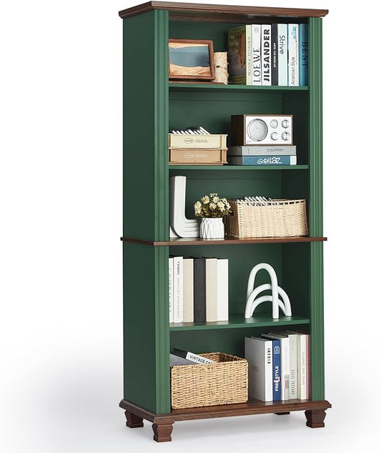 70" Tall Green Bookshelf,5 Tier Wooden Book Shelf with Adjustable Shelves & Wood Legs,Free Standing Farmhouse Bookcase with Open Display Storage,Vintage Bookshelves for Library,Classroom