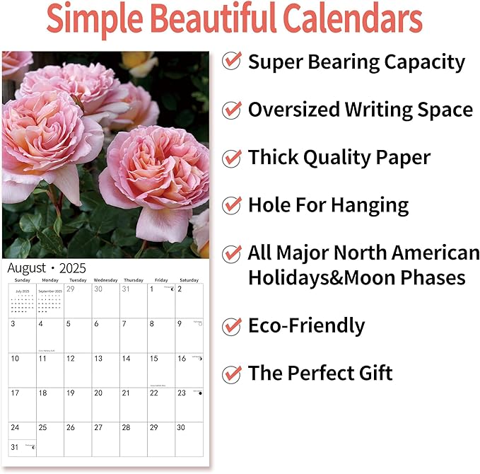 2025 Wall Calendar,Calendar 2025, January 2025 - December 2025, Wall Calendar Roses, 12" x 24" Opened,Full Page Months Thick & Sturdy Paper for Calendar Organizing & Planning