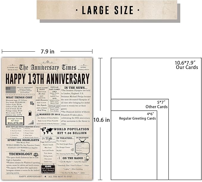 Jumbo 13th Anniversary Card for Him Her, Romantic 13 Years Anniversary Card Gift for Husband Wife, Retro Lace Wedding Gifts