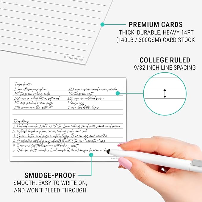 321Done Large Index Cards, Made in USA - Jumbo Size 5x7 Horizontal, College-Ruled Lined Notecards Double-Sided, Thick Heavy Duty Cardstock, Simple Note Cards with Lines, White XL - Set of 50