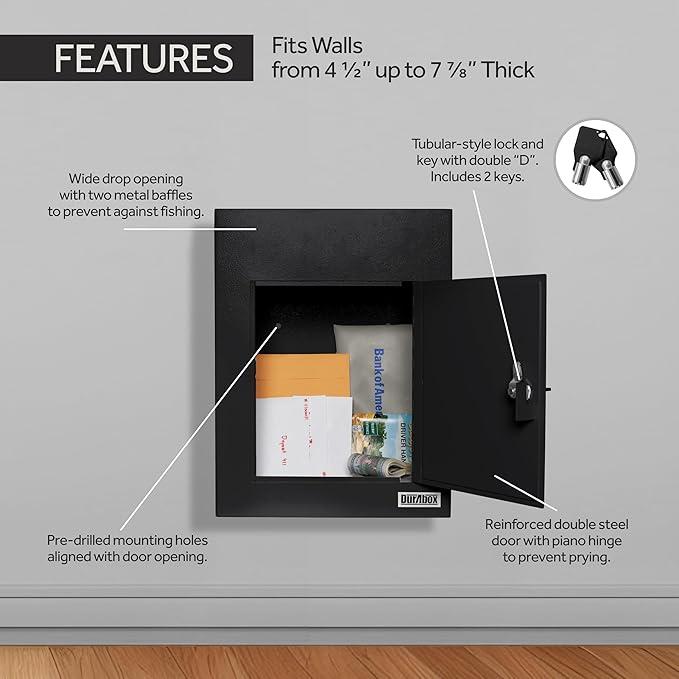 Through-The-Wall Drop Box Deposit Safe 17 x 13 x 7 - Heavy Duty Steel Mailbox with Lock for Receiving Mail, Checks, Letters, Cash and More for Home, Office and Commercial Use (D700) (Black)