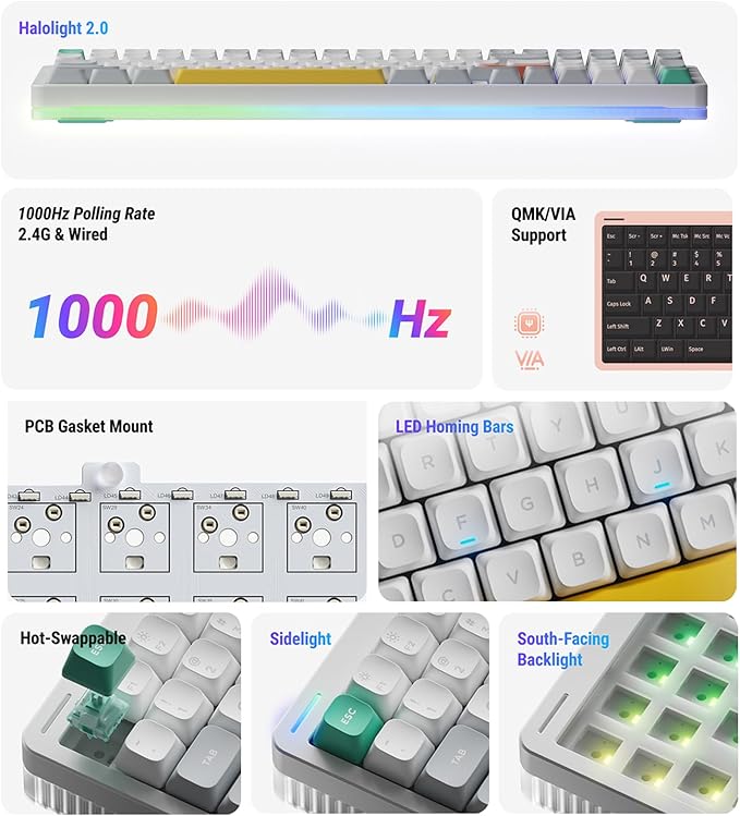 nuphy Halo96 V2 Wireless Keyboard,Gasket Structure,96% Hot Swappable Gaming Keyboard, 99 Kyes RGB Backlit Mechanical Keyboard, Support QMK/VIA,Bluetooth/USB-C/2.4GHz-Black,Lemon Switches (55gf)
