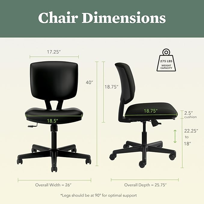 HON Volt Armless Computer Chair for Office Desk Ergonomic Recline, Softhread Leather Back Seat, Swivel Desk Chair for Computers, Work, Black