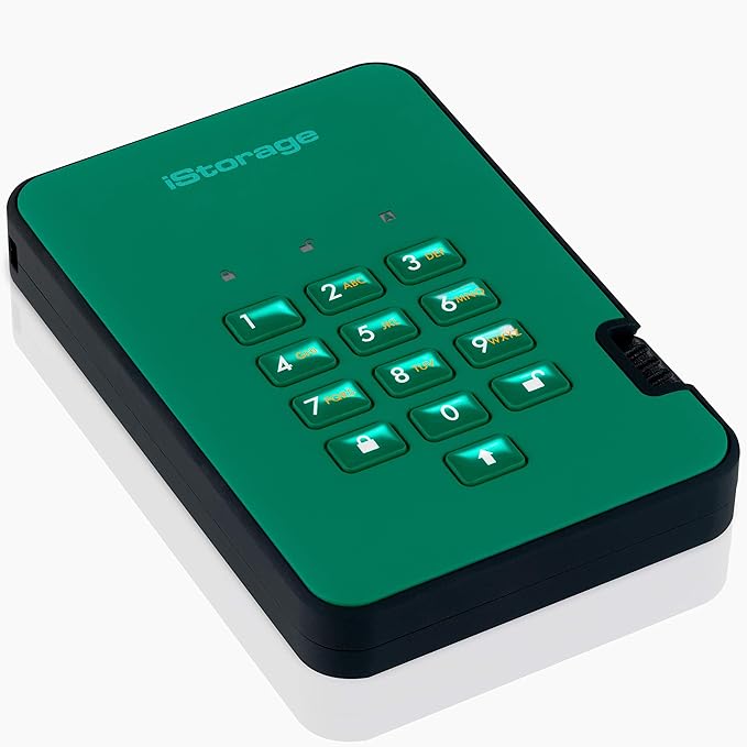 iStorage diskAshur2 HDD 1TB Green | Secure portable hard drive | Password protected | Dust & water resistant | Hardware Encryption