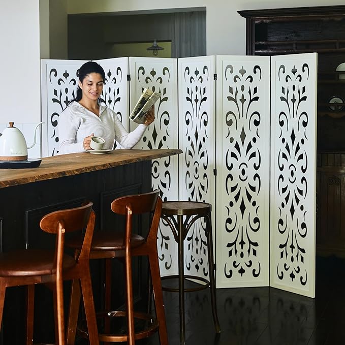 5.6Ft Room Divider Folding Wood Classical Carved Partition Screen for Home Office Garden - 6 Panels (White)