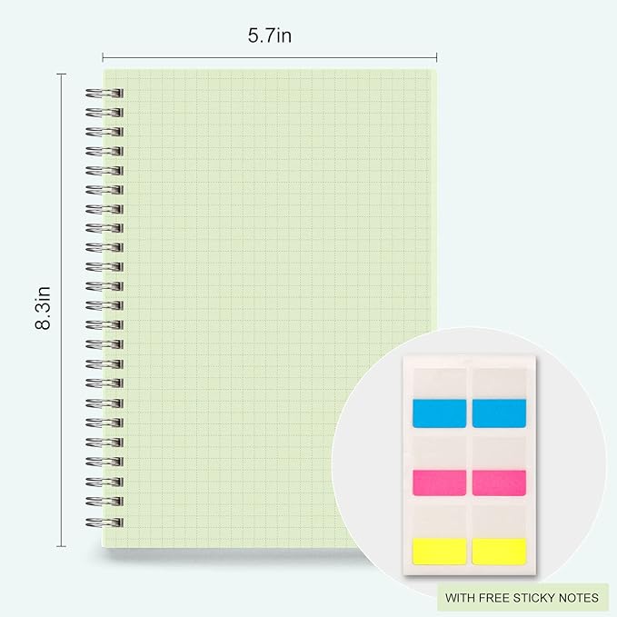AHGXG Graph Paper Notebook 3 Pack - A5 Grid Spiral Notebook, 100gsm Thick Graph Paper, Transparent Hardcover, for Women School Artist Writing Drawing, 80 Sheets, 5.7"x 8.3", Yellow, Green, Pink