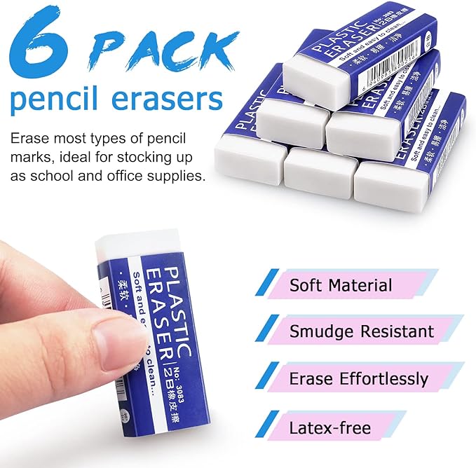Tamaki 6 Pack Erasers, Large White Erasers for School Office, Art Eraser for Drawing