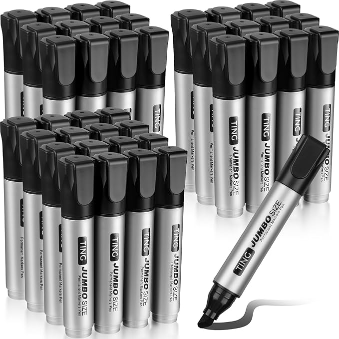 Cholemy 40 Pcs Jumbo Permanent Markers Bulk Large Chisel Tip Permanent Markers Quick Drying Pens for Office Teacher Supplies(Black)