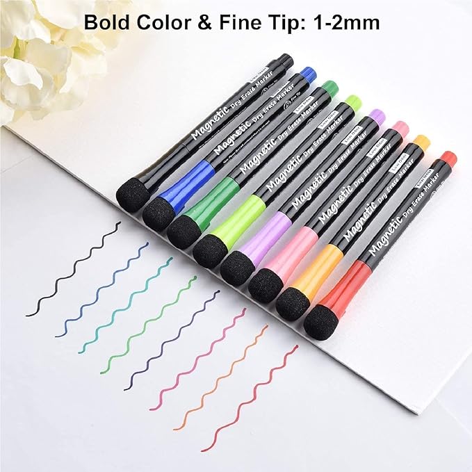 Magnetic Dry Erase Markers - Fine Tip, Assorted Colors, 8 Pack, Low Odor Whiteboard markers for kids, Work On White board & Calendar, Refrigeratorr