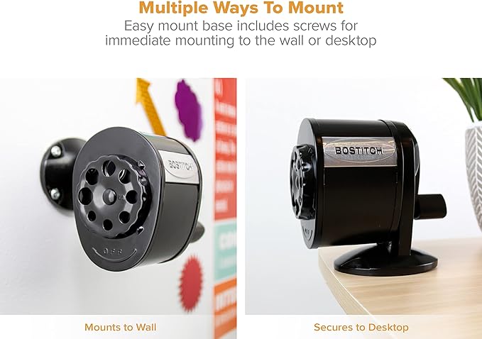 Bostitch Office Wall Mount Manual Pencil Sharpener, Tip Saver, 8 Hole Dial, 6X Longer Cutter Life, Vertical or Horizontal Mounting Black (MPS1-BLK)