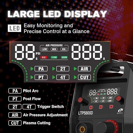LOTOS LTP5800D 58A Plasma Cutter, 5/8" Clean Cut (3/4" Severance), Non-Touch Pilot Arc, Up to 15% Faster Cutting, Dual Voltage 110/220V, LED Panel & Front Regulator, Portable Plasma Cutting Machine