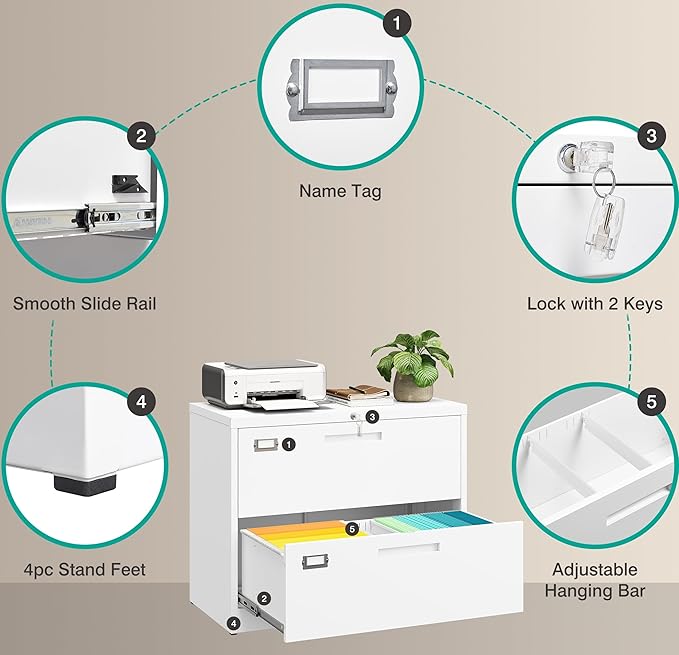 SISESOL 2 Drawer Lateral File Cabinet with Lock,White Lateral Filing Cabinet,Horizontal Metal Filing Cabinets,Locked Wide Two Drawer File Cabinets for Office Home,Fit A4/F4/Letter/Legal File