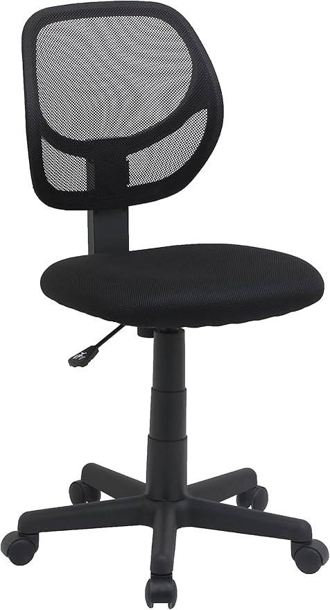 Amazon Basics Rolling Desk Chair, Adjustable, Low Back, Padded Seat, Breathable Mesh, Swivel, Black, 21.25" D x 22.5" W x 38" H