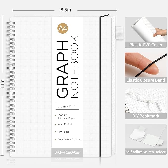 AHGXG Graph Paper Notebook - Spiral Notebook 8.5" x 11", A4 Large Graph Notebook, 100 gsm Thick Grid Paper, Waterproof Plastic Cover Journals for School Writing Engineering Math, Transparent