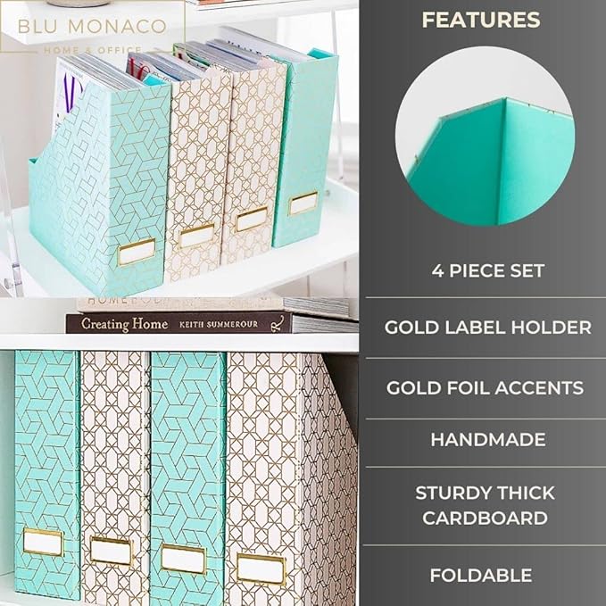 BLU MONACO Set of 4 Foldable Cute Magazine File Holders with Gold Label Holders – 2 Pink & 2 Aqua with Fun Gold Geometric Patterns – Stylish & Durable Magazine Storage for Home & Office