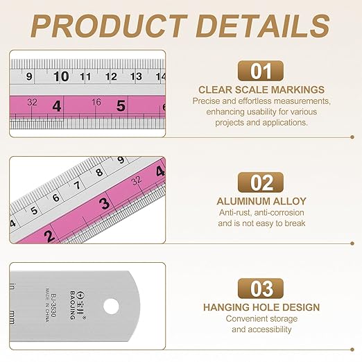 HARFINGTON 4pcs Metal Straight Ruler 20cm Metric SAE Aluminum Alloy Measuring Rulers Scale Tools with Hole for Measure Study Reading Classroom Office, Pink