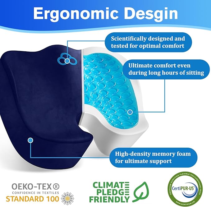 Seat Cushion, Gel Chair Cushions, Office Chair Cushions, Anti-Slip Bottom & Removable Cover Tailbone Pain Relief Cushion, Memory Foam Seat Cushion for Office, Wheelchair, Car (Blue)