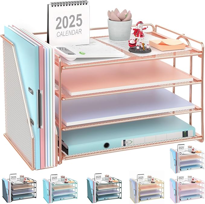 gianotter 4-Tier Paper Organizer With Magazine Holder, Desk Organizers and Accessories, Cute Desk Accessories for Women, File Organizer for Office Supplies Storag(Rose Gold)